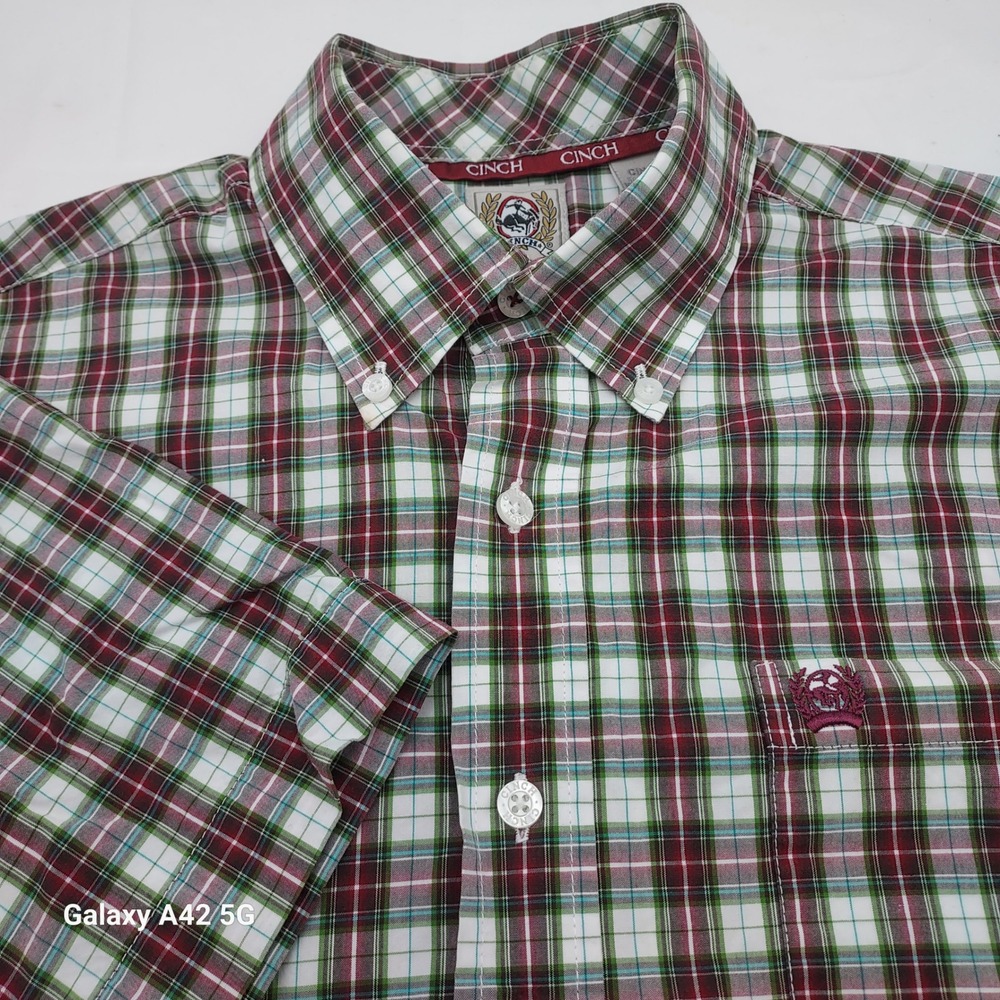 Cinch Mens Short Sleeve Button Down Plaid Western Shirt Burgundy Green Small
